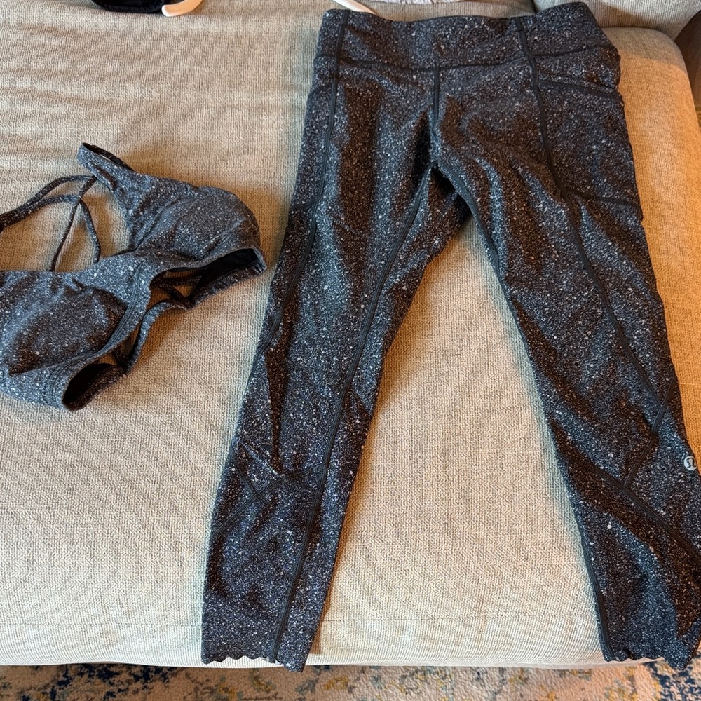 lululemon athletica Black with White Speckle Leggings and matching bra